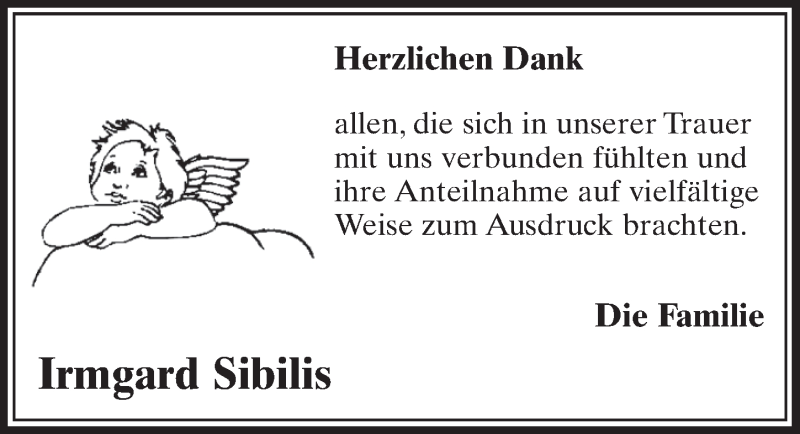  Traueranzeige für Irmgard Sibilis vom 08.07.2017 aus  Sonntags-Post 