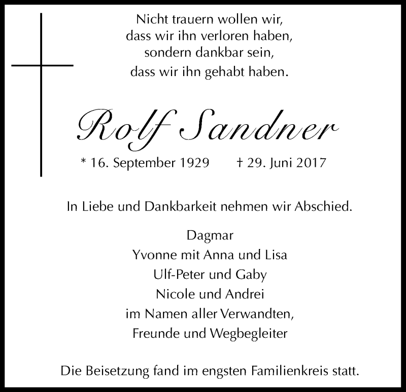  Traueranzeige für Rolf Sandner vom 08.07.2017 aus Kölner Stadt-Anzeiger / Kölnische Rundschau / Express