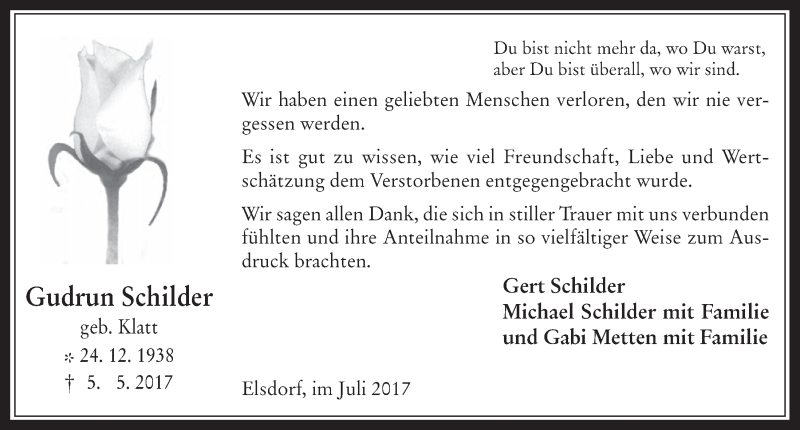  Traueranzeige für Gudrun Schilder vom 05.07.2017 aus  Werbepost 