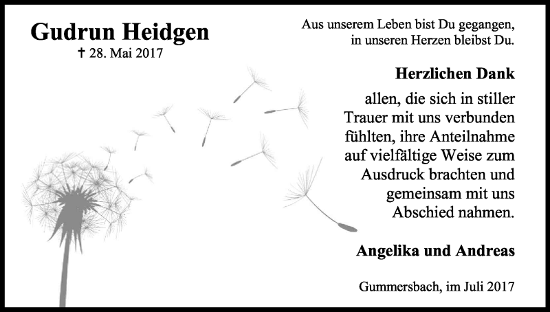  Traueranzeige für Gudrun Heidgen vom 15.07.2017 aus Kölner Stadt-Anzeiger / Kölnische Rundschau / Express