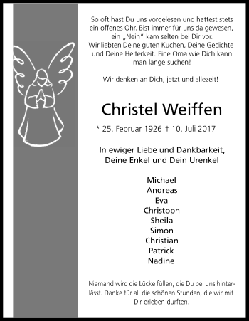 Anzeige von Christel Weiffen von Kölner Stadt-Anzeiger / Kölnische Rundschau / Express