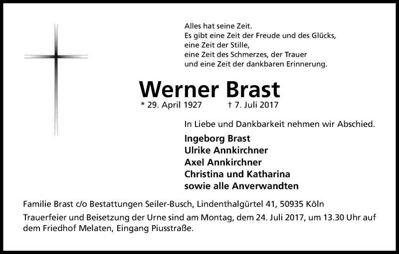  Traueranzeige für Werner Brast vom 19.07.2017 aus Kölner Stadt-Anzeiger / Kölnische Rundschau / Express