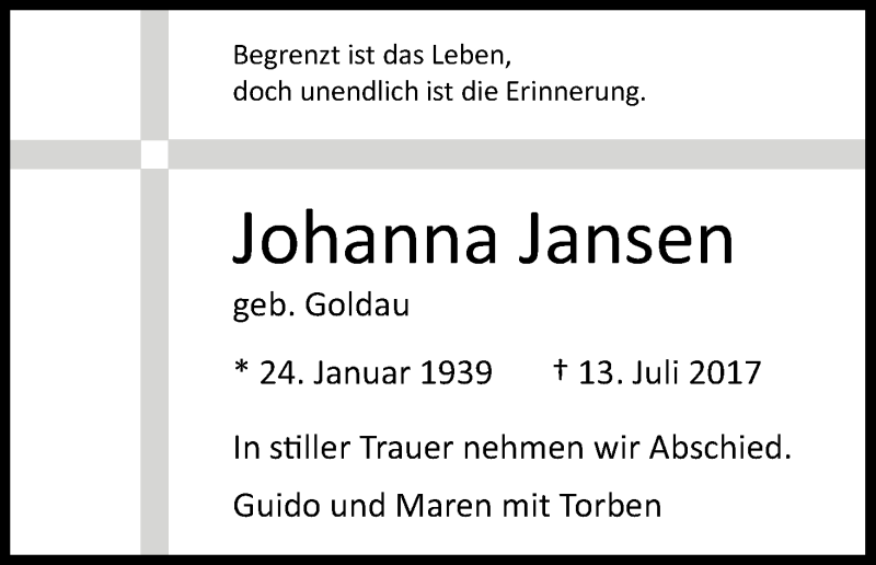  Traueranzeige für Johanna Jansen vom 26.07.2017 aus Kölner Stadt-Anzeiger / Kölnische Rundschau / Express