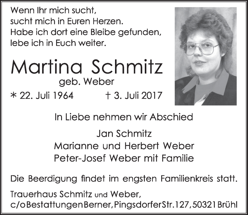  Traueranzeige für Martina Schmitz vom 12.07.2017 aus  Schlossbote/Werbekurier 