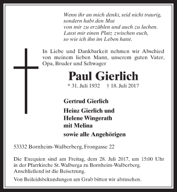 Anzeige von Paul Gierlich von  Schlossbote/Werbekurier 