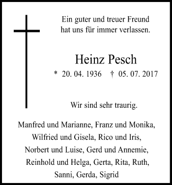 Anzeige von Heinz Pesch von Kölner Stadt-Anzeiger / Kölnische Rundschau / Express
