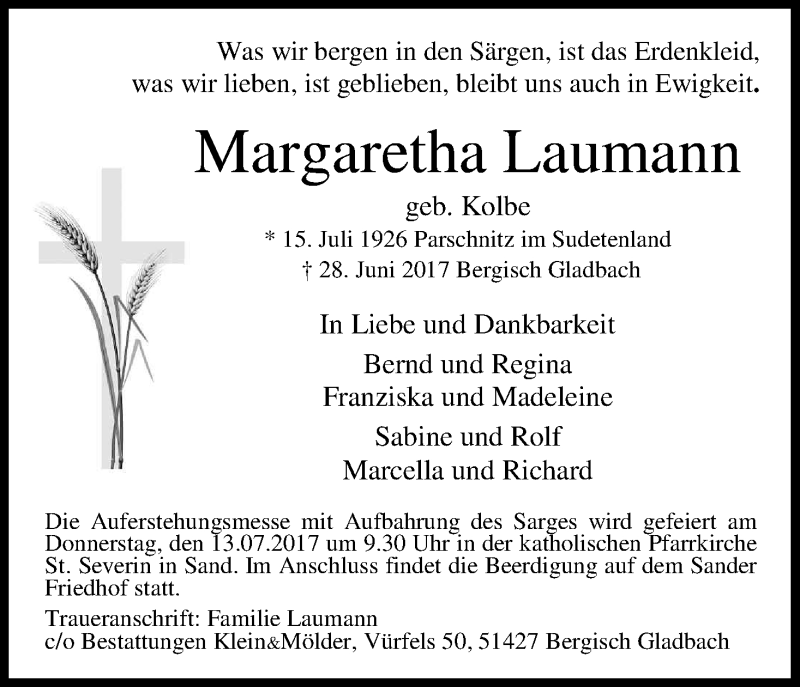  Traueranzeige für Margarethe Laumann vom 08.07.2017 aus Kölner Stadt-Anzeiger / Kölnische Rundschau / Express