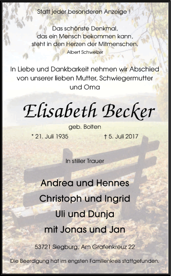 Anzeige von Elisabeth Becker von Kölner Stadt-Anzeiger / Kölnische Rundschau / Express