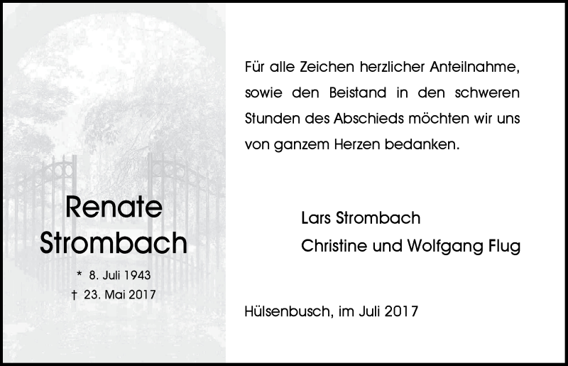  Traueranzeige für Renate Strombach vom 12.07.2017 aus  Anzeigen Echo 