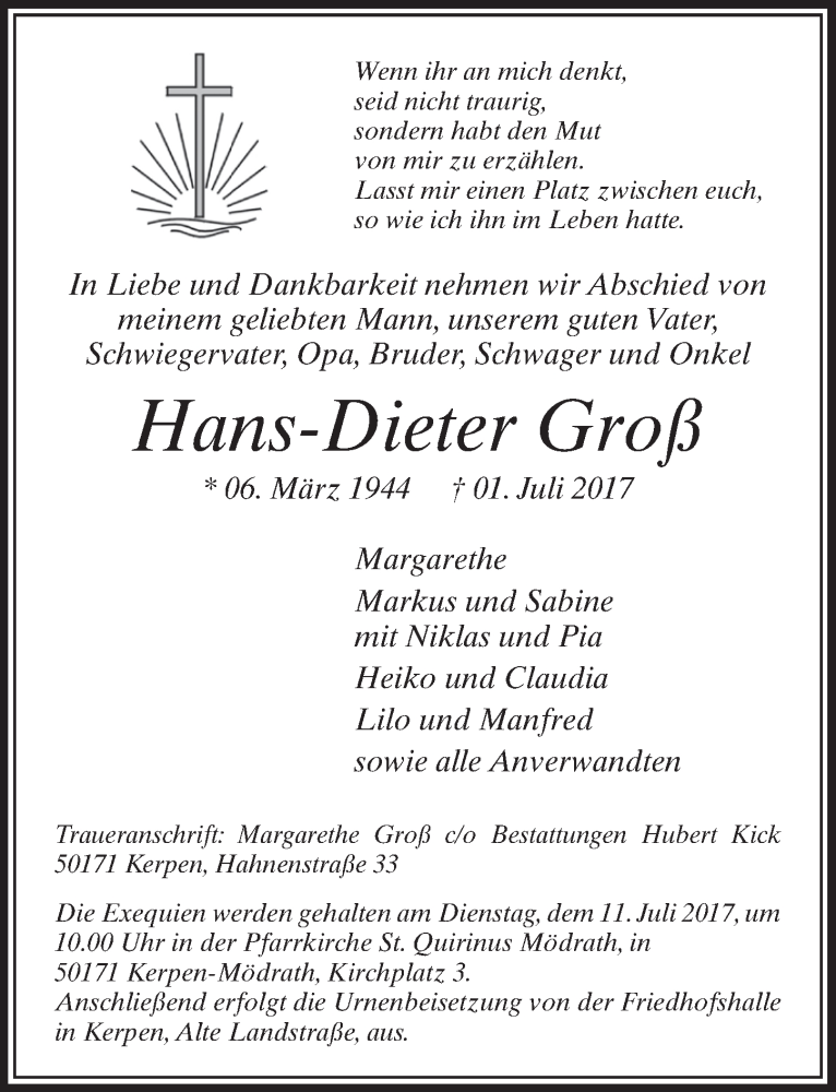  Traueranzeige für Hans-Dieter Groß vom 08.07.2017 aus  Sonntags-Post 