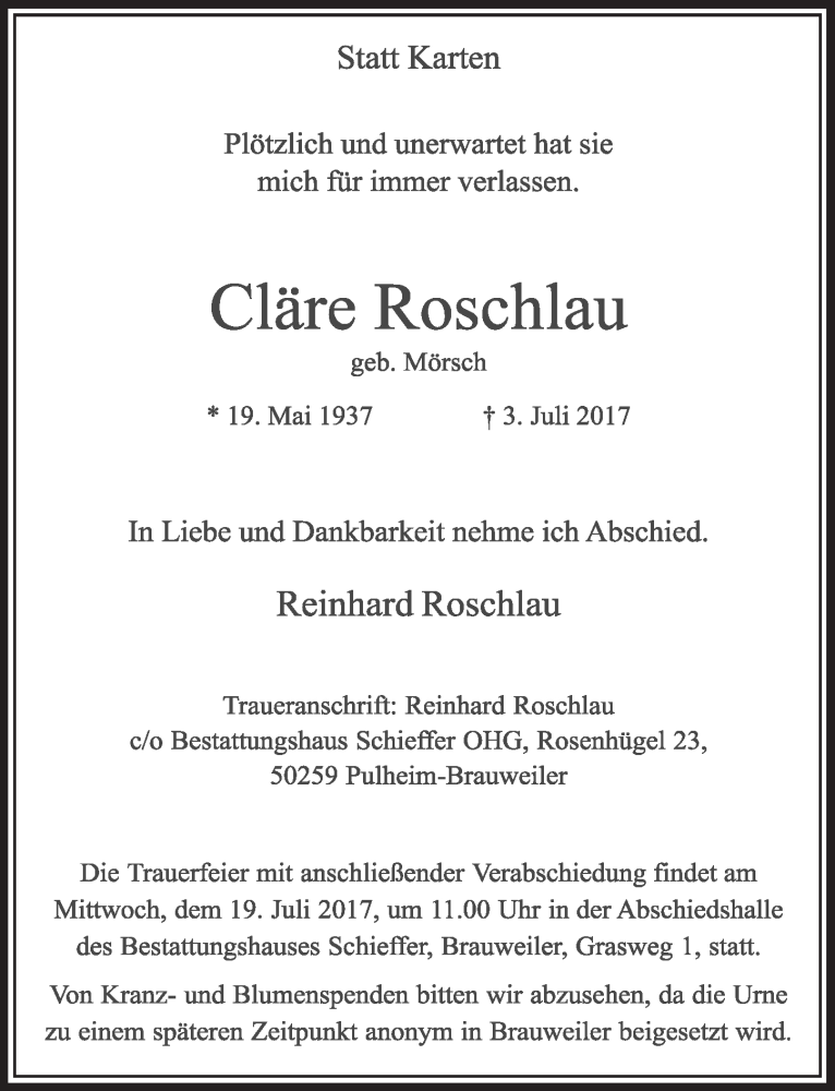  Traueranzeige für Cläre Roschlau vom 15.07.2017 aus  Sonntags-Post 