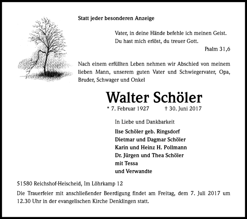  Traueranzeige für Walter Schöler vom 04.07.2017 aus Kölner Stadt-Anzeiger / Kölnische Rundschau / Express