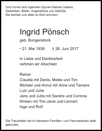 Anzeige von Ingrid Pönsch von Kölner Stadt-Anzeiger / Kölnische Rundschau / Express