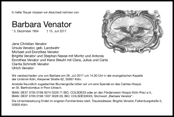 Anzeige von Barbara Venator von Kölner Stadt-Anzeiger / Kölnische Rundschau / Express