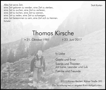 Anzeige von Thomas Kirsche von Kölner Stadt-Anzeiger / Kölnische Rundschau / Express