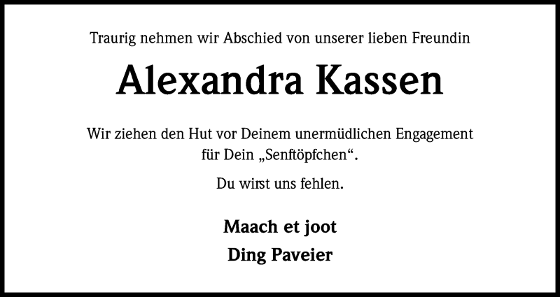  Traueranzeige für Alexandra Kassen vom 08.07.2017 aus Kölner Stadt-Anzeiger / Kölnische Rundschau / Express