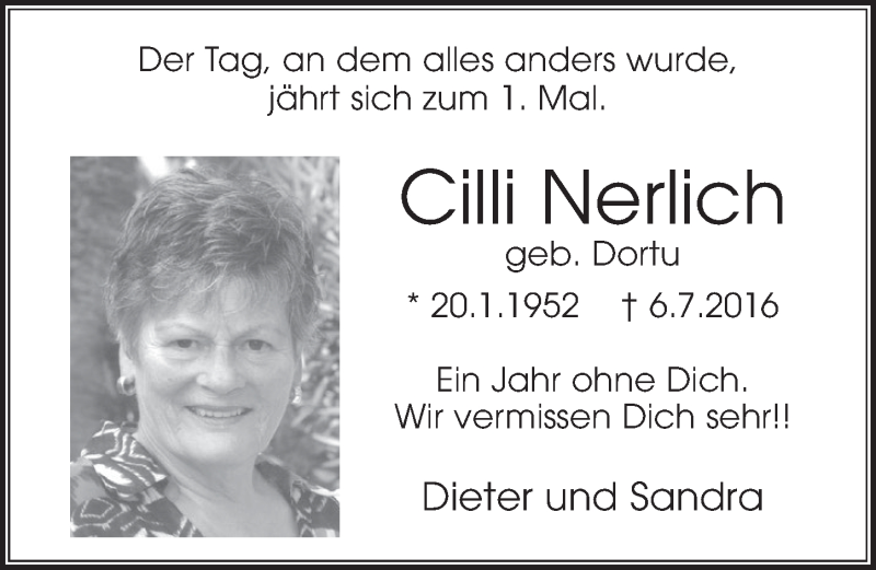  Traueranzeige für Cilli Nerlich vom 05.07.2017 aus  Schlossbote/Werbekurier 