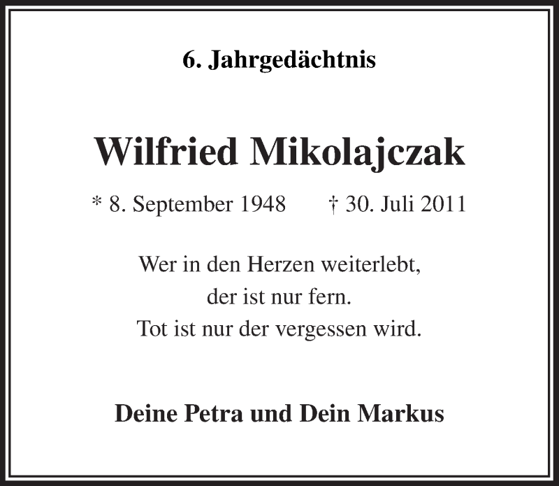  Traueranzeige für Wilfried Mikolajczak vom 26.07.2017 aus  Extra Blatt 