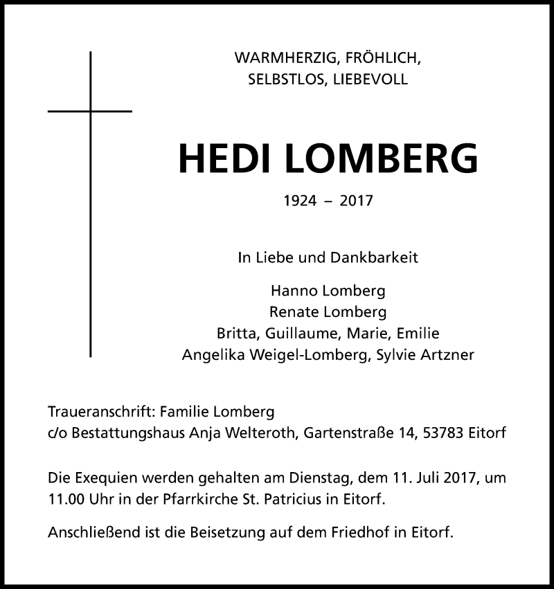  Traueranzeige für Hedi Lomberg vom 08.07.2017 aus Kölner Stadt-Anzeiger / Kölnische Rundschau / Express