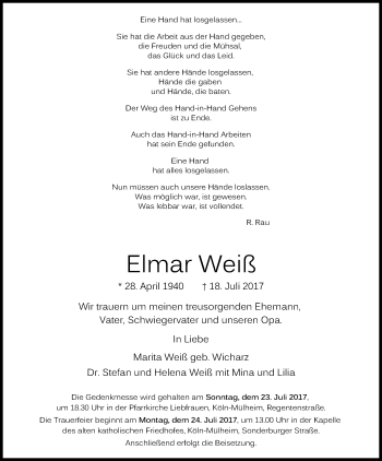 Anzeige von Elmar Weiß von Kölner Stadt-Anzeiger / Kölnische Rundschau / Express