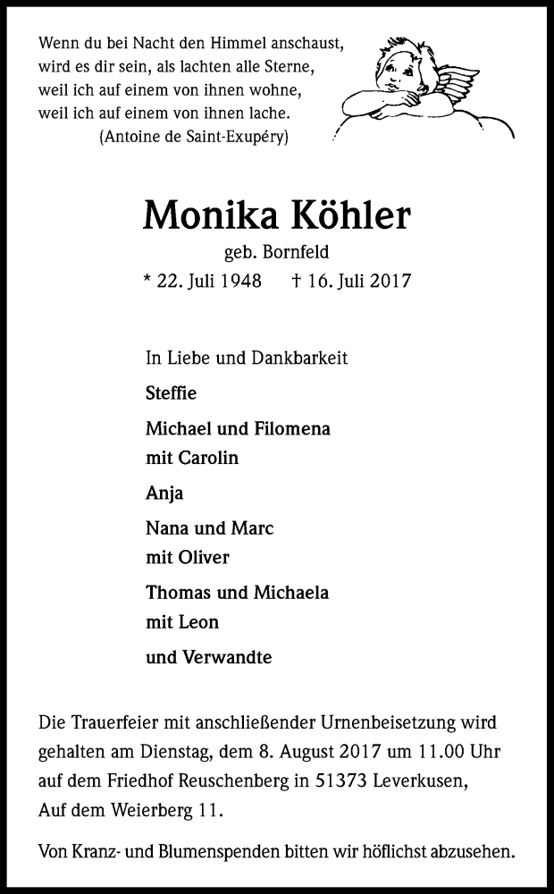  Traueranzeige für Monika Köhler vom 26.07.2017 aus Kölner Stadt-Anzeiger / Kölnische Rundschau / Express