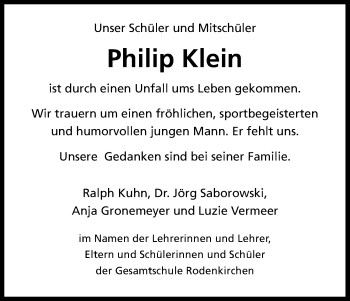 Anzeige von Philip Klein von Kölner Stadt-Anzeiger / Kölnische Rundschau / Express