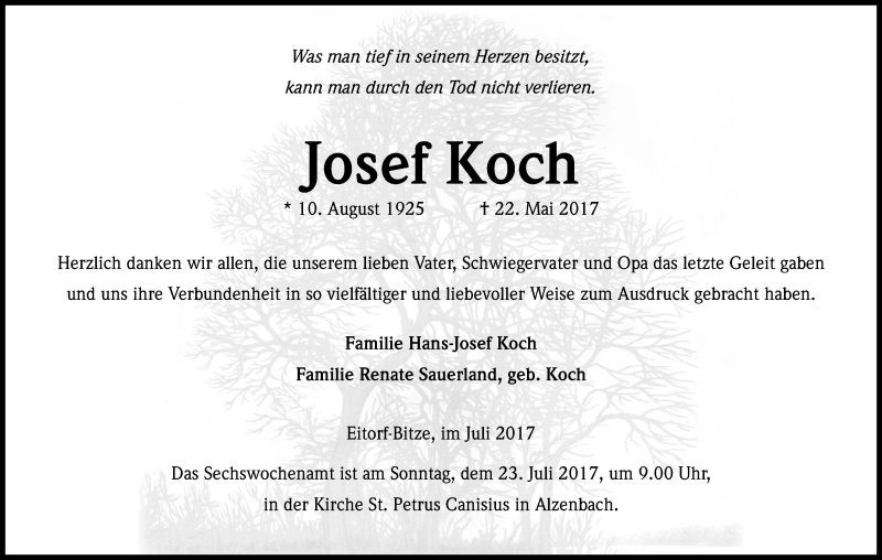  Traueranzeige für Josef Koch vom 14.07.2017 aus Kölner Stadt-Anzeiger / Kölnische Rundschau / Express