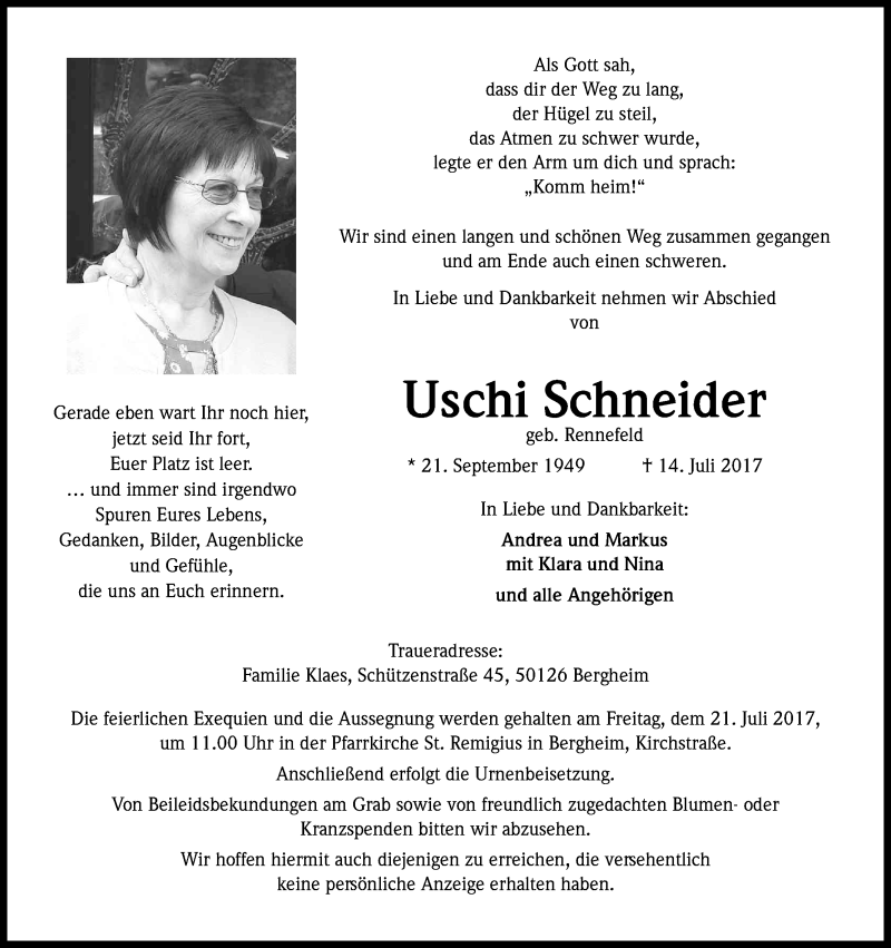  Traueranzeige für Uschi Schneider vom 18.07.2017 aus Kölner Stadt-Anzeiger / Kölnische Rundschau / Express