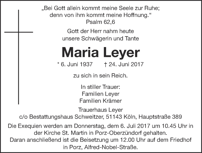  Traueranzeige für Maria Leyer vom 05.07.2017 aus  Kölner Wochenspiegel 