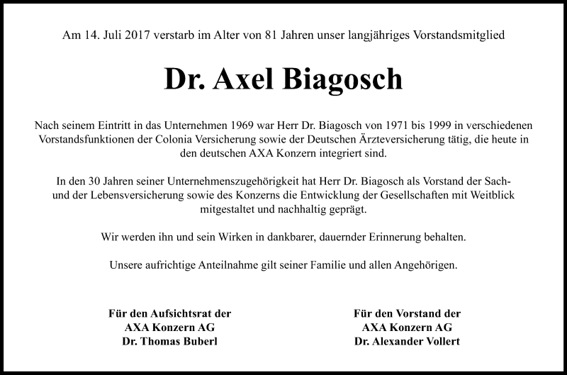  Traueranzeige für Axel Biagosch vom 22.07.2017 aus Kölner Stadt-Anzeiger / Kölnische Rundschau / Express