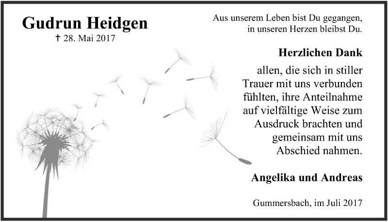 Traueranzeige für Gudrun Heidgen vom 19.07.2017 aus  Anzeigen Echo 