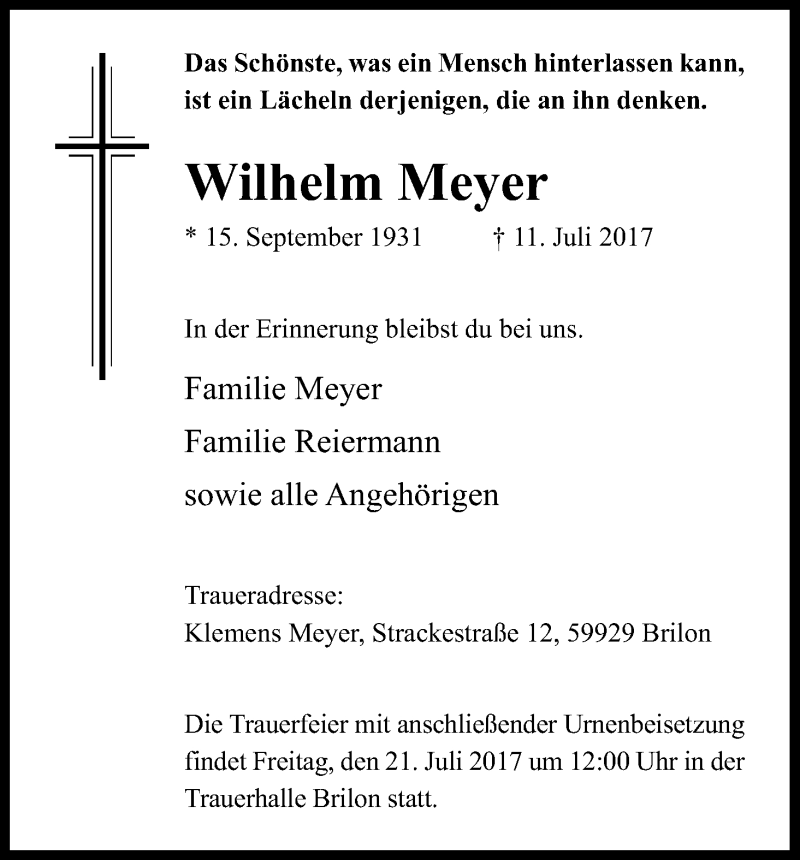  Traueranzeige für Wilhelm Meyer vom 18.07.2017 aus Kölner Stadt-Anzeiger / Kölnische Rundschau / Express