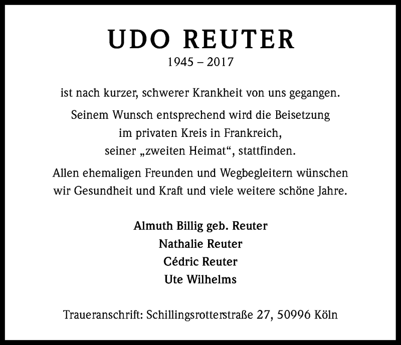  Traueranzeige für Udo Reuter vom 22.07.2017 aus Kölner Stadt-Anzeiger / Kölnische Rundschau / Express