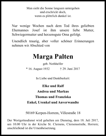 Anzeige von Marga Palten von Kölner Stadt-Anzeiger / Kölnische Rundschau / Express