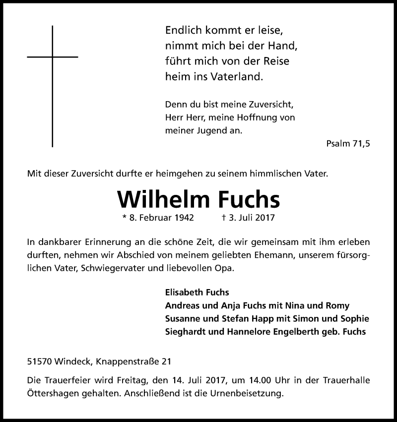  Traueranzeige für Wilhelm Fuchs vom 08.07.2017 aus Kölner Stadt-Anzeiger / Kölnische Rundschau / Express