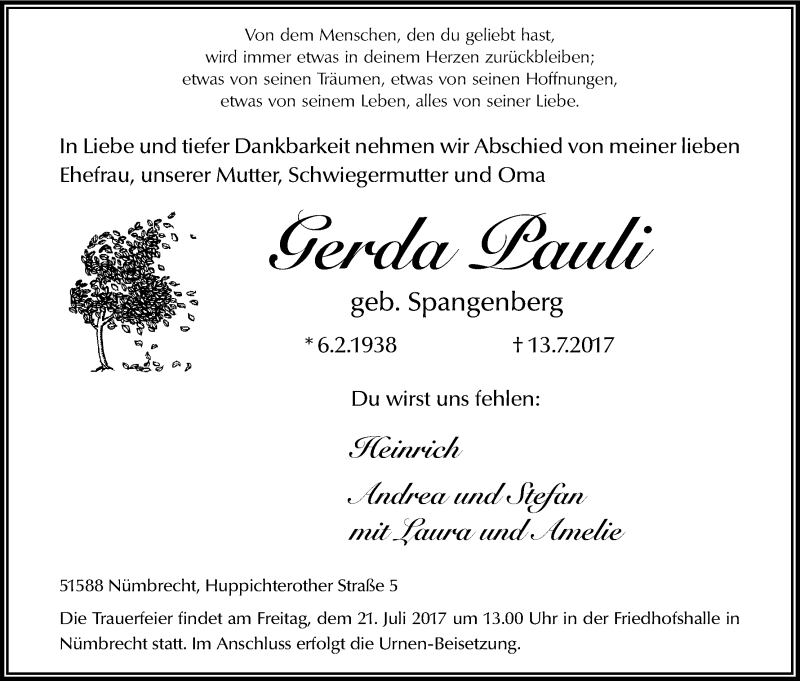  Traueranzeige für Gerda Pauli vom 15.07.2017 aus Kölner Stadt-Anzeiger / Kölnische Rundschau / Express