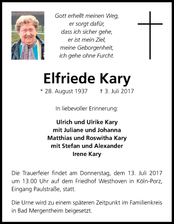 Anzeige von Elfriede Kary von Kölner Stadt-Anzeiger / Kölnische Rundschau / Express