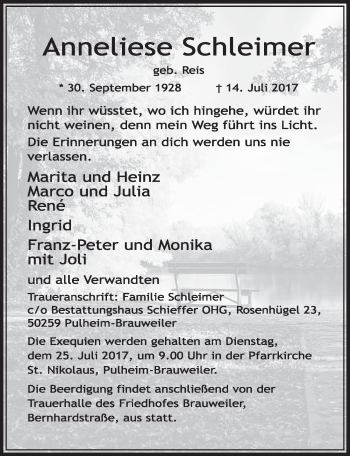 Anzeige von Anneliese Schleimer von  Sonntags-Post 