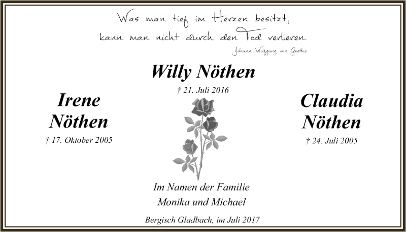 Traueranzeige für Willy, Irene und Claudia Nöthen vom 26.07.2017 aus  Bergisches Handelsblatt 