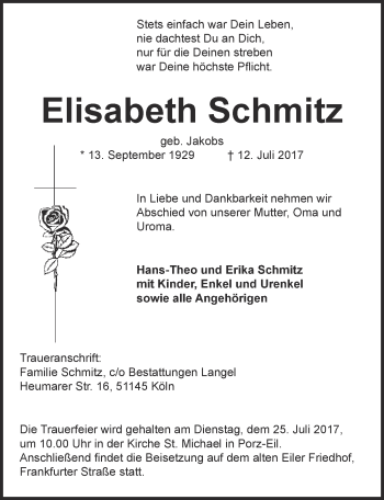Anzeige von Elisabeth Schmitz von  Kölner Wochenspiegel 