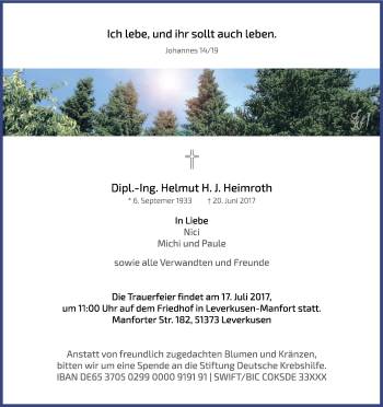 Anzeige von Helmut H. J. Heimroth von Kölner Stadt-Anzeiger / Kölnische Rundschau / Express