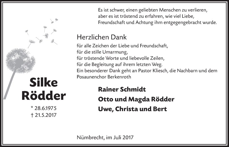  Traueranzeige für Silke Rödder vom 12.07.2017 aus  Lokalanzeiger 