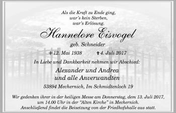 Anzeige von Hannelore Eisvogel von  Blickpunkt Euskirchen 