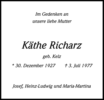 Anzeige von Käthe Richarz von Kölner Stadt-Anzeiger / Kölnische Rundschau / Express