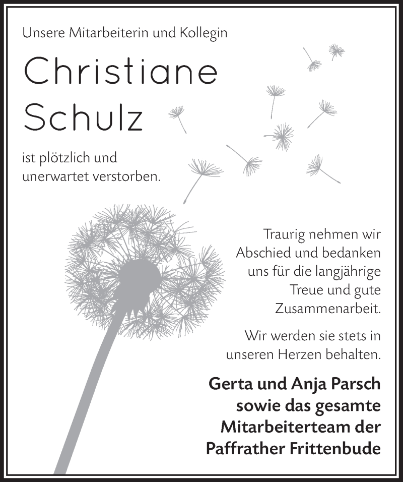  Traueranzeige für Christiane Schulz vom 12.07.2017 aus  Bergisches Handelsblatt 