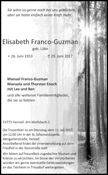 Anzeige von Elisabeth Franco-Guzmann von Kölner Stadt-Anzeiger / Kölnische Rundschau / Express