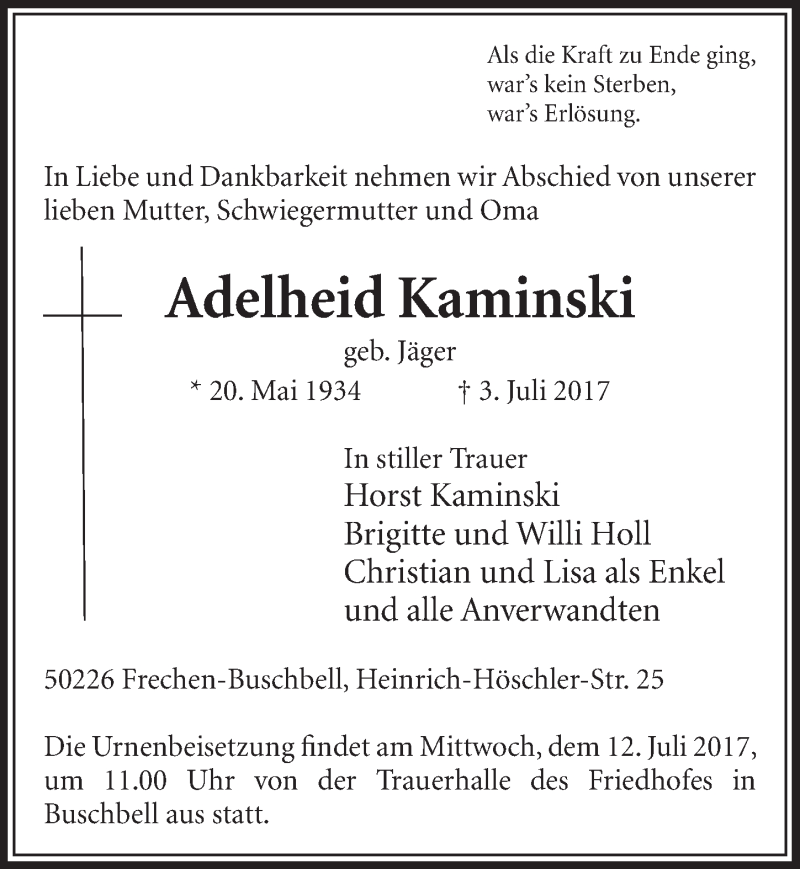  Traueranzeige für Adelheid Kaminski vom 08.07.2017 aus  Sonntags-Post 