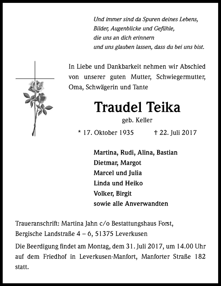 Traueranzeige für Traudel Teika vom 26.07.2017 aus Kölner Stadt-Anzeiger / Kölnische Rundschau / Express