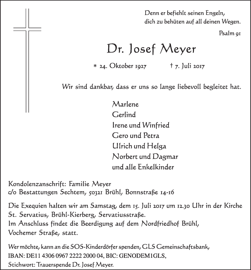  Traueranzeige für Josef Meyer vom 12.07.2017 aus  Schlossbote/Werbekurier 