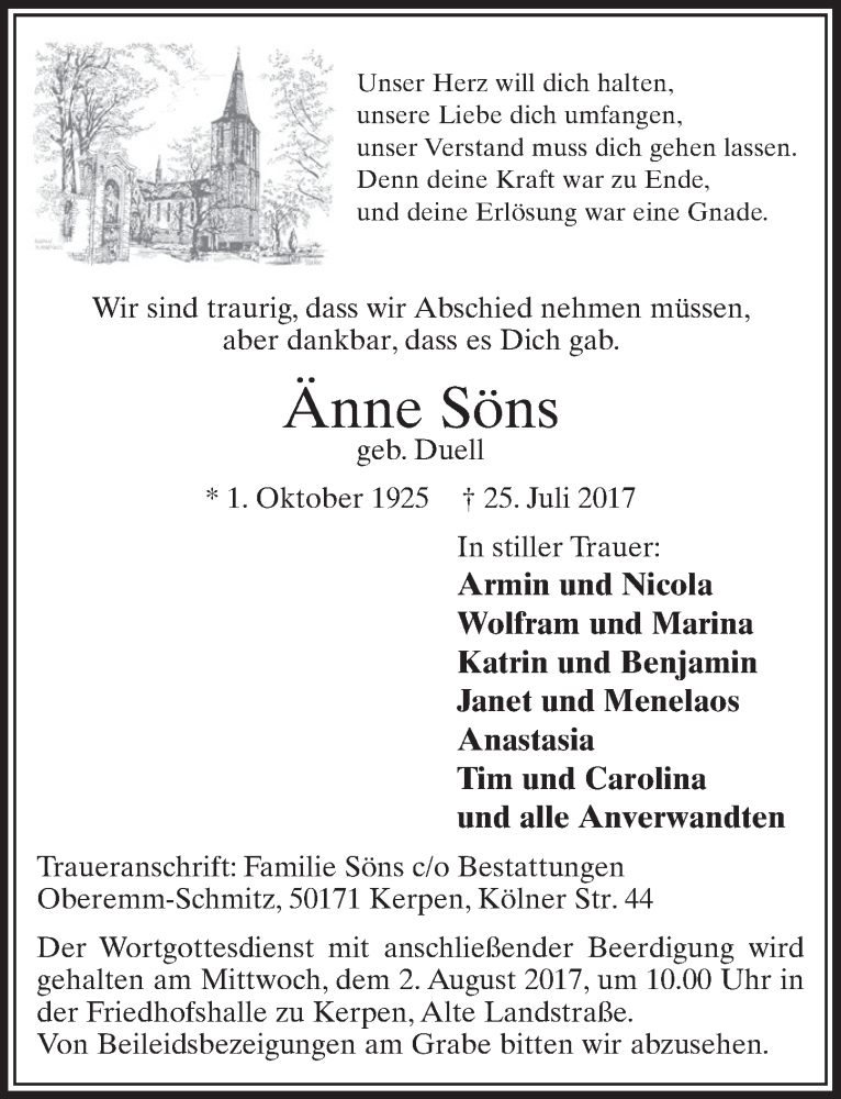  Traueranzeige für Änne Söns vom 29.07.2017 aus  Sonntags-Post 